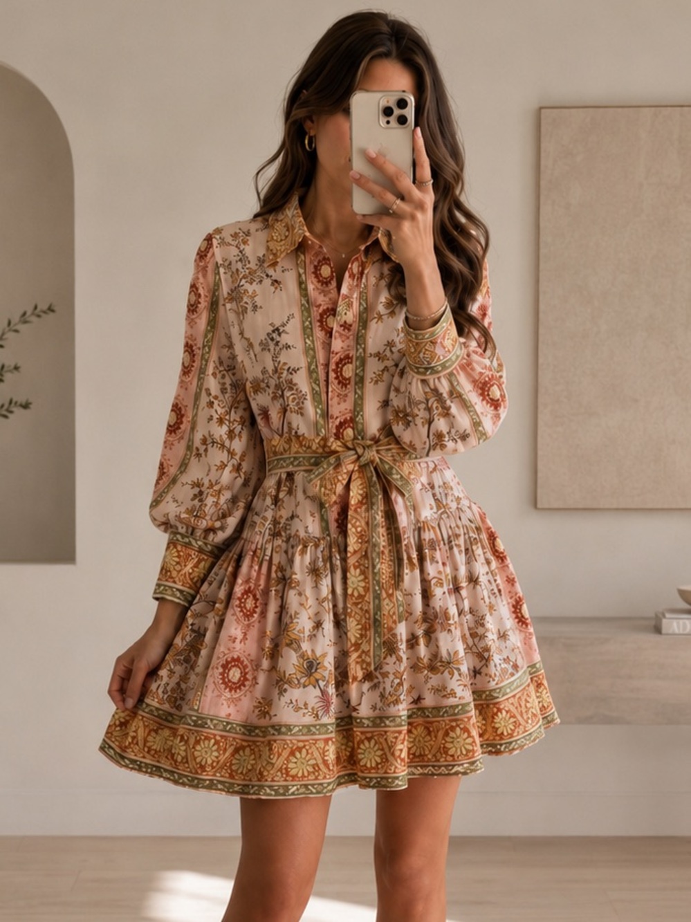 Kobi Halperin Bohemian Floral Tie Waist Mini Shirt Dress Pink XS